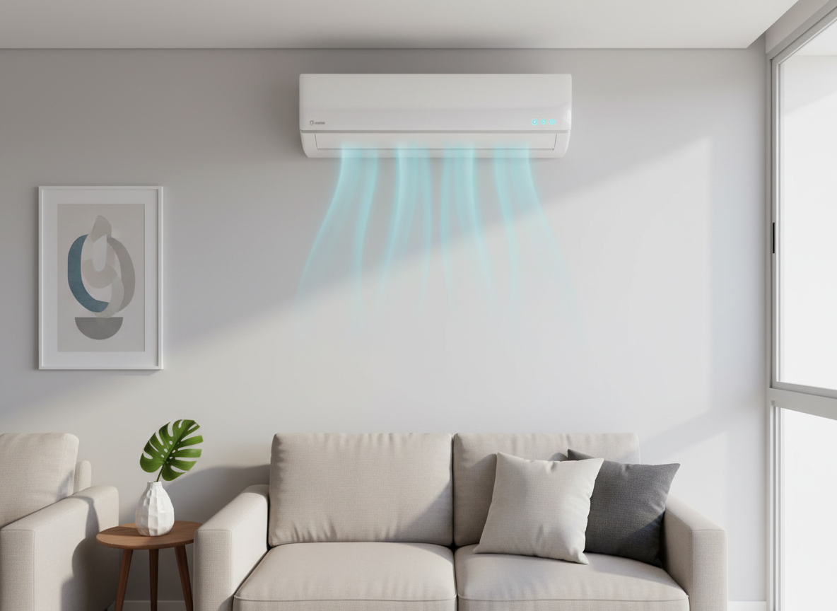 A modern split air conditioning unit with a sleek white front panel and subtle status lights, mounted high on a clean, light-gray living room wall. Below it, a neutral-toned sofa and minimalist decor hint at a comfortable home in Belo Horizonte. Cool air is visibly suggested by a soft, transparent blue airflow pattern descending gently into the room. Late-morning natural light enters from a large side window, creating soft reflections on the AC’s smooth plastic surface and delicate shadows along the wall. Photographic realism, shot at eye level with a slightly wide angle, sharp focus throughout, clean and professional mood that conveys reliability, comfort, and technical excellence.
